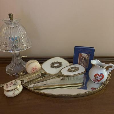 LOT 97: Vanity Collection: Crystal Night Light Lamp, Mirrored Vanity Tray, Hand Mirror, Brush, Comb Set, Lefton Pitcher & More