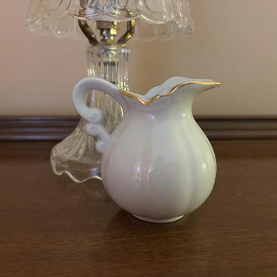 LOT 97: Vanity Collection: Crystal Night Light Lamp, Mirrored Vanity Tray, Hand Mirror, Brush, Comb Set, Lefton Pitcher & More