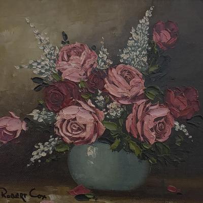 LOT 98: Signed Robert Cox Flora Still Life Painting & Crystal Night Light/Lamp