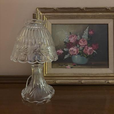 LOT 98: Signed Robert Cox Flora Still Life Painting & Crystal Night Light/Lamp