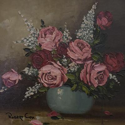 LOT 98: Signed Robert Cox Flora Still Life Painting & Crystal Night Light/Lamp