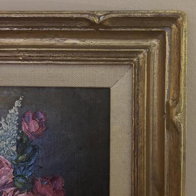 LOT 98: Signed Robert Cox Flora Still Life Painting & Crystal Night Light/Lamp