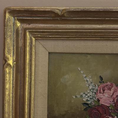 LOT 98: Signed Robert Cox Flora Still Life Painting & Crystal Night Light/Lamp
