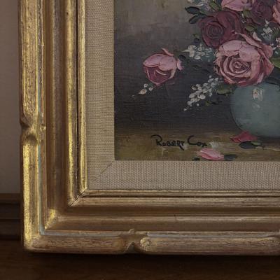 LOT 98: Signed Robert Cox Flora Still Life Painting & Crystal Night Light/Lamp