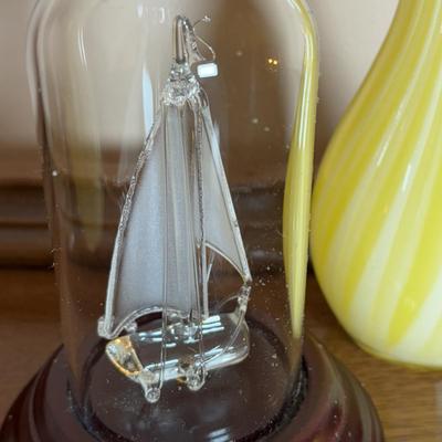 LOT 99: Marquis by Waterford Crystal Paisley 8 x 10 Picture Frame, Yellow Striped Vase, Hand Blown Yacht in Glass Dome & Glass...