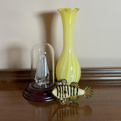 LOT 99: Marquis by Waterford Crystal Paisley 8 x 10 Picture Frame, Yellow Striped Vase, Hand Blown Yacht in Glass Dome & Glass...