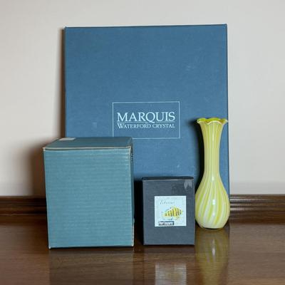 LOT 99: Marquis by Waterford Crystal Paisley 8 x 10 Picture Frame, Yellow Striped Vase, Hand Blown Yacht in Glass Dome & Glass...