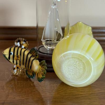 LOT 99: Marquis by Waterford Crystal Paisley 8 x 10 Picture Frame, Yellow Striped Vase, Hand Blown Yacht in Glass Dome & Glass...