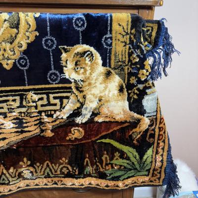 LOT 100: Here Kitty! Kitty! Home Decor, Cross Stich Grey Tabby, Woven Cat Tapestries, & More