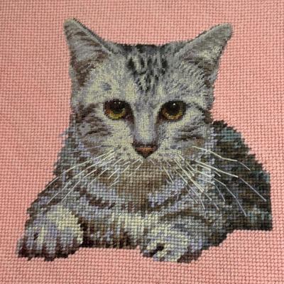 LOT 100: Here Kitty! Kitty! Home Decor, Cross Stich Grey Tabby, Woven Cat Tapestries, & More