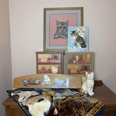 LOT 100: Here Kitty! Kitty! Home Decor, Cross Stich Grey Tabby, Woven Cat Tapestries, & More