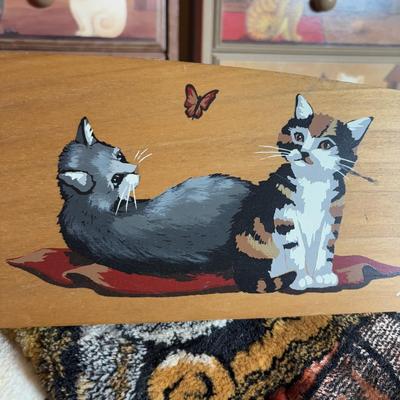 LOT 100: Here Kitty! Kitty! Home Decor, Cross Stich Grey Tabby, Woven Cat Tapestries, & More