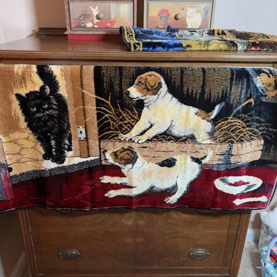 LOT 100: Here Kitty! Kitty! Home Decor, Cross Stich Grey Tabby, Woven Cat Tapestries, & More