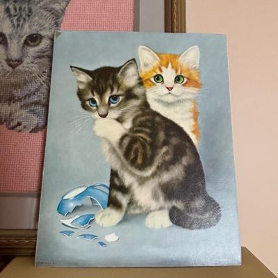 LOT 100: Here Kitty! Kitty! Home Decor, Cross Stich Grey Tabby, Woven Cat Tapestries, & More