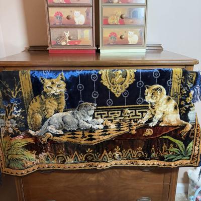 LOT 100: Here Kitty! Kitty! Home Decor, Cross Stich Grey Tabby, Woven Cat Tapestries, & More