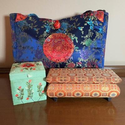 LOT 101: Framed Mixed Media Art Painting, Embroidered/Beaded Slippers, Multi-Colored Asian Motif Bag & More