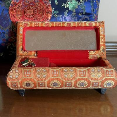 LOT 101: Framed Mixed Media Art Painting, Embroidered/Beaded Slippers, Multi-Colored Asian Motif Bag & More