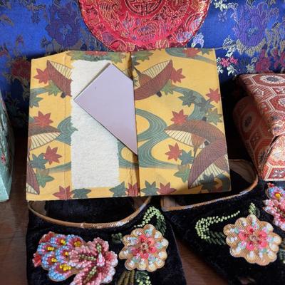 LOT 101: Framed Mixed Media Art Painting, Embroidered/Beaded Slippers, Multi-Colored Asian Motif Bag & More