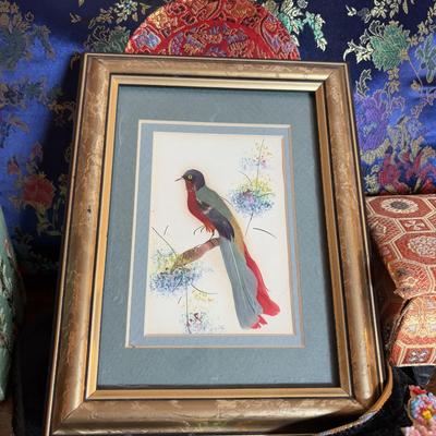 LOT 101: Framed Mixed Media Art Painting, Embroidered/Beaded Slippers, Multi-Colored Asian Motif Bag & More