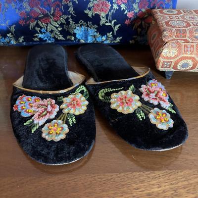 LOT 101: Framed Mixed Media Art Painting, Embroidered/Beaded Slippers, Multi-Colored Asian Motif Bag & More