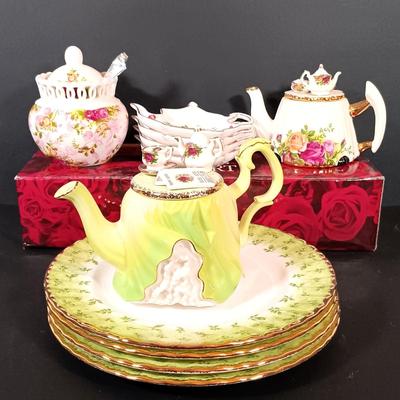 LOT 189: Royal Albert Old Country Roses Tea Pots. Jam Jar, Cracker Tray & More