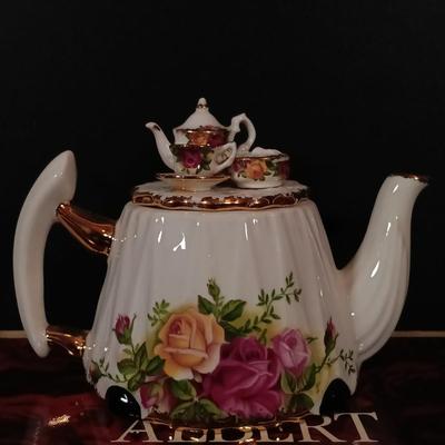 LOT 189: Royal Albert Old Country Roses Tea Pots. Jam Jar, Cracker Tray & More