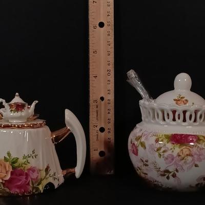 LOT 189: Royal Albert Old Country Roses Tea Pots. Jam Jar, Cracker Tray & More