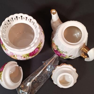 LOT 189: Royal Albert Old Country Roses Tea Pots. Jam Jar, Cracker Tray & More