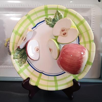 LOT 192: Bella Casa by Ganz Fruit Art Plates, Berkley Jenson Serving Platter, Coyne's Co. Picnic Basket Cheese Knife Set & More