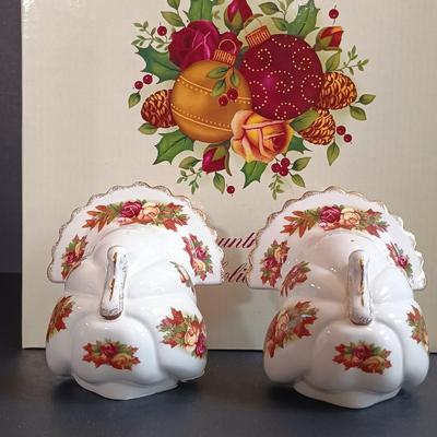 LOT 193: Royal Albert Old Country Roses Holiday Vase, Fall Foliage Turkey Salt & Pepper Shakers & JOY Dishes