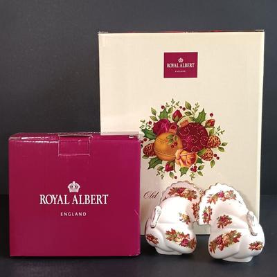 LOT 193: Royal Albert Old Country Roses Holiday Vase, Fall Foliage Turkey Salt & Pepper Shakers & JOY Dishes