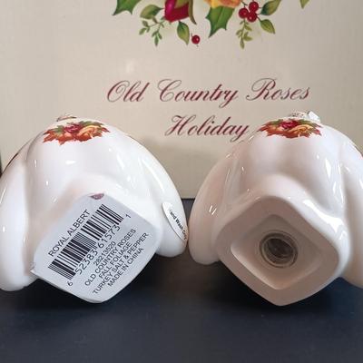 LOT 193: Royal Albert Old Country Roses Holiday Vase, Fall Foliage Turkey Salt & Pepper Shakers & JOY Dishes