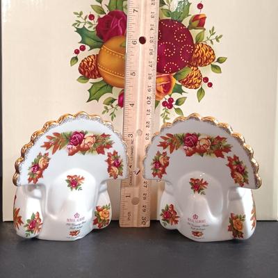 LOT 193: Royal Albert Old Country Roses Holiday Vase, Fall Foliage Turkey Salt & Pepper Shakers & JOY Dishes