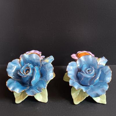 LOT 194: Royal Albert Moonlight Rose Rosebud Candle Holders, Lillian Vernon Porcelain Red Rose & Porcelain Yellow Rose Marked 1999 YH