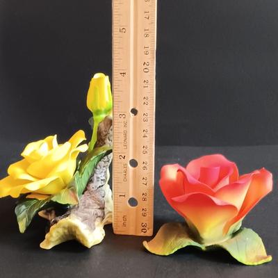 LOT 194: Royal Albert Moonlight Rose Rosebud Candle Holders, Lillian Vernon Porcelain Red Rose & Porcelain Yellow Rose Marked 1999 YH