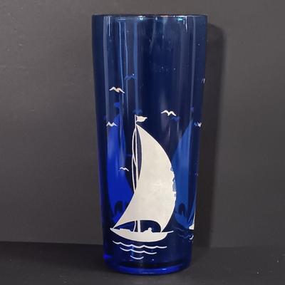 LOT 195: Vintage Cobalt Blue Sailboat Glass, S.S. Oceanic Coaster Set, Global Miniatures Artist Signed Prints & More