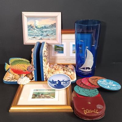 LOT 195: Vintage Cobalt Blue Sailboat Glass, S.S. Oceanic Coaster Set, Global Miniatures Artist Signed Prints & More
