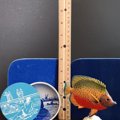 LOT 195: Vintage Cobalt Blue Sailboat Glass, S.S. Oceanic Coaster Set, Global Miniatures Artist Signed Prints & More