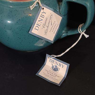 LOT 197: Denby 'Nevva Drip' Teapot with Set of (3) Redware Teapots