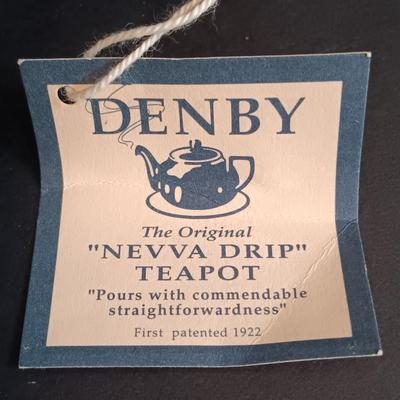 LOT 197: Denby 'Nevva Drip' Teapot with Set of (3) Redware Teapots