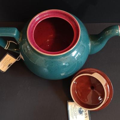 LOT 197: Denby 'Nevva Drip' Teapot with Set of (3) Redware Teapots