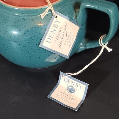 LOT 197: Denby 'Nevva Drip' Teapot with Set of (3) Redware Teapots