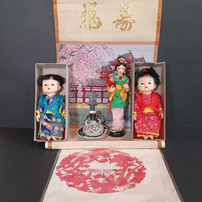 LOT 198: Vintage Embroidered Tapestry, Tourist Dolls, Chinese Paper Art & Mini Dragon Pottery