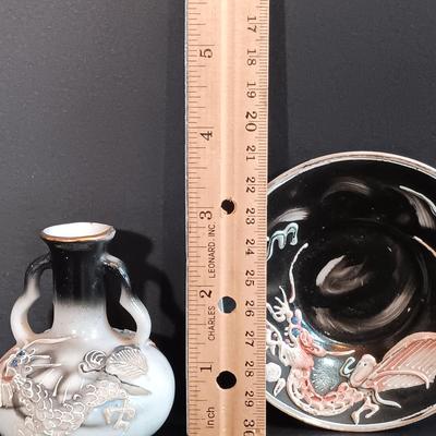 LOT 198: Vintage Embroidered Tapestry, Tourist Dolls, Chinese Paper Art & Mini Dragon Pottery