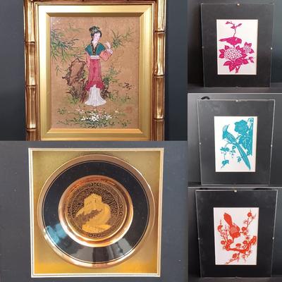 LOT 199: Set of (3) Framed Chinese Paper Art Birds, Framed Lee's Group 24K Gold Edged Plate & More