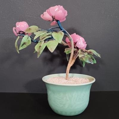 LOT 200: Bambergers Stone Pink Floral Bonsai Tree with Small Art Plates