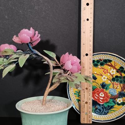 LOT 200: Bambergers Stone Pink Floral Bonsai Tree with Small Art Plates