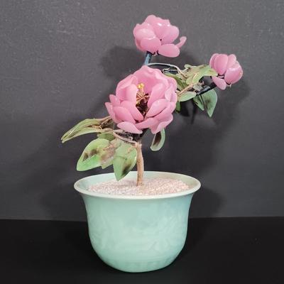 LOT 200: Bambergers Stone Pink Floral Bonsai Tree with Small Art Plates
