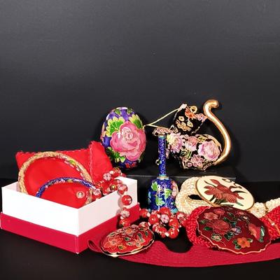 LOT 201: Collection of Cloisonne and Cloisonne-Inspired Jewelry & Figurines