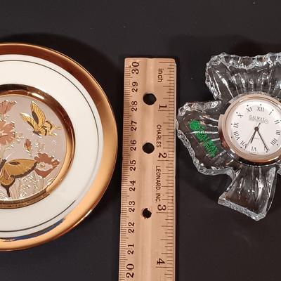 LOT 202: Gallaway Crystal Shamrock Clock, Art Glass Vases, Gold Plated and Crystal Pig & More